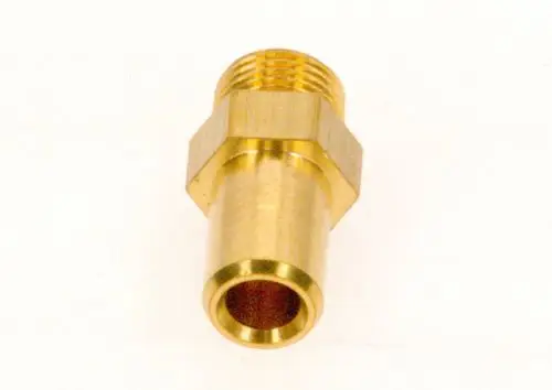 Druckmeßnippel aus Messing mit Außengewinde, der für Druckmessanwendungen verwendet wird. Produkt von Bosch, geeignet für verschiedene Anwendungen in der Fluidtechnik.